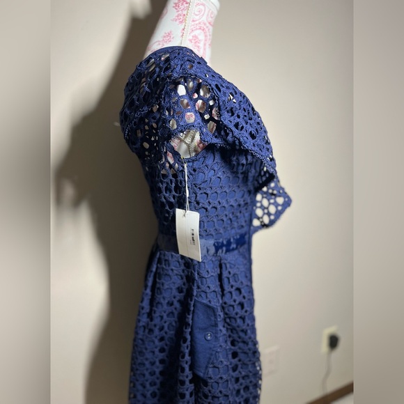 NWT LUXE Self Portrait Replica Navy One Shoulder Guipure Lace Midi Dress sz 8 - Picture 8 of 14